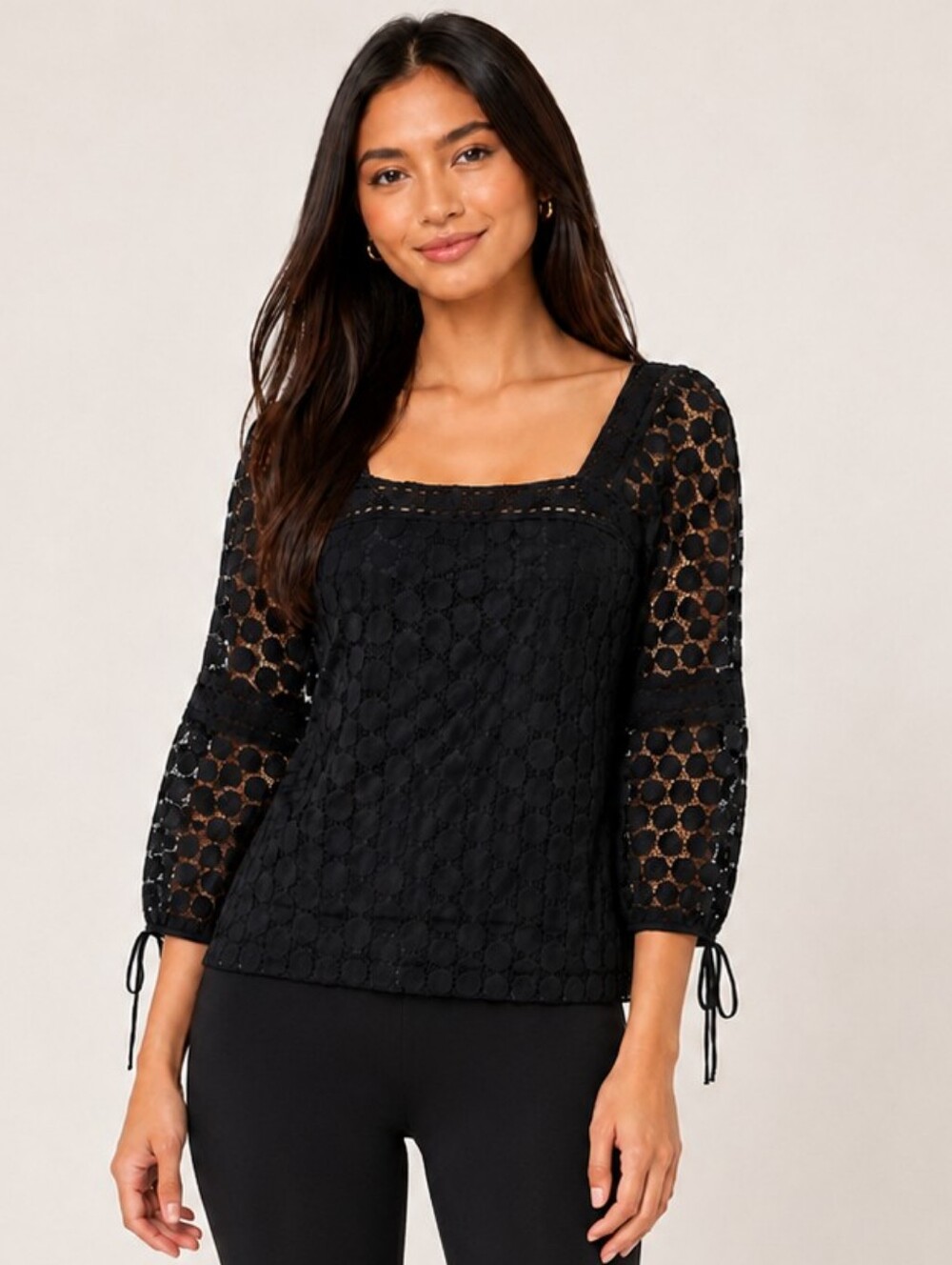 Solitaire Black Crochet Lace Boho‎ Goth Peasant Top S Tie Sleeve